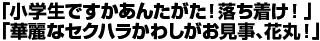 「小学生ですかあんたがた！落ち着け！」「華麗なセクハラかわしがお見事、花丸！」